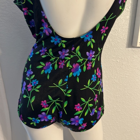 Vintage MAILLOT BALTEX Canadian One-Piece black Floral Swimsuit - Picture 2 of 10